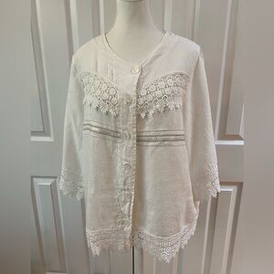 Piazza Del Tempio White Linen Crochet Lace Cuff and Waist Blouse Size L